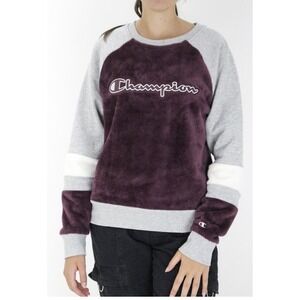 Champion Womens Plush Colorblock Sweatshirt Purple Gray Large